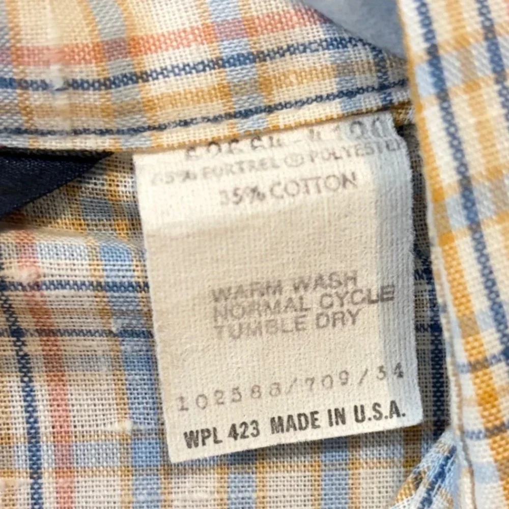 Vintage 1989 Levis White Tab Plaid Short Sleeve Shirt Made in USA Blue Tan Men M